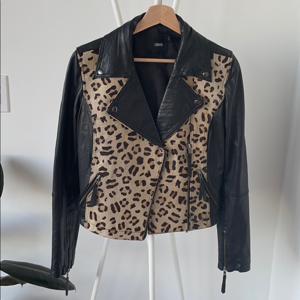 Buttery Black Leather Moto Jacket w Leopard Pony